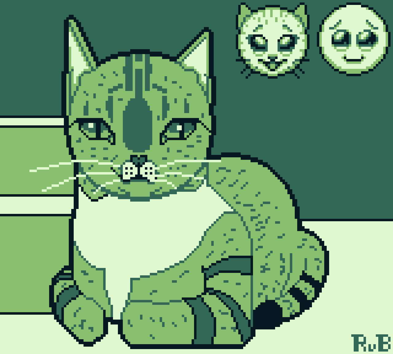 pixel art drawing of a tabby cat lying in front of concrete stairs