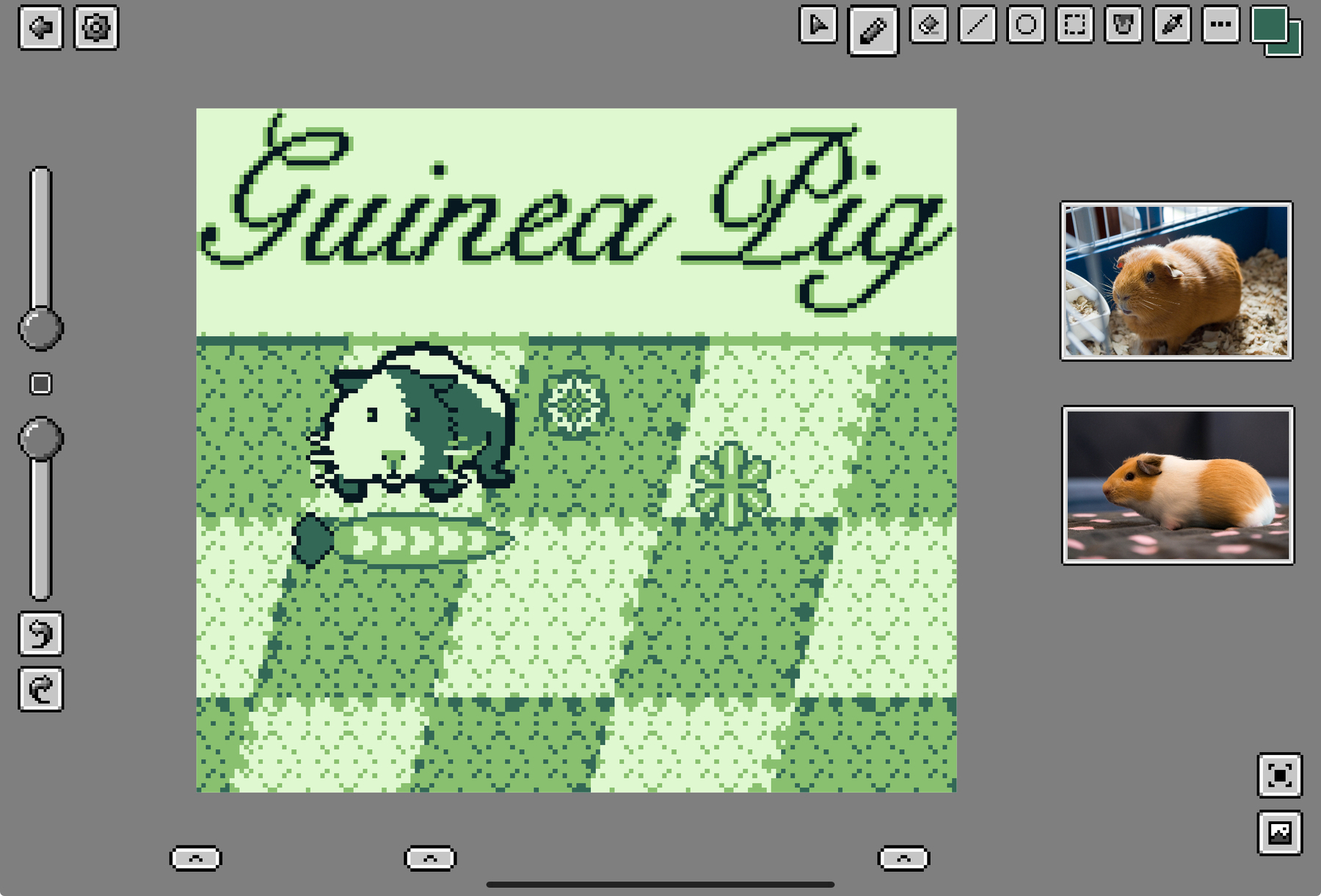 screenshot of pixel art work in progress, showing in pixel art the title Guinea Pig, a spread, a guinea pig, a carrot, a flower and a clover leaf, and two reference photos on the side of guinea pigs