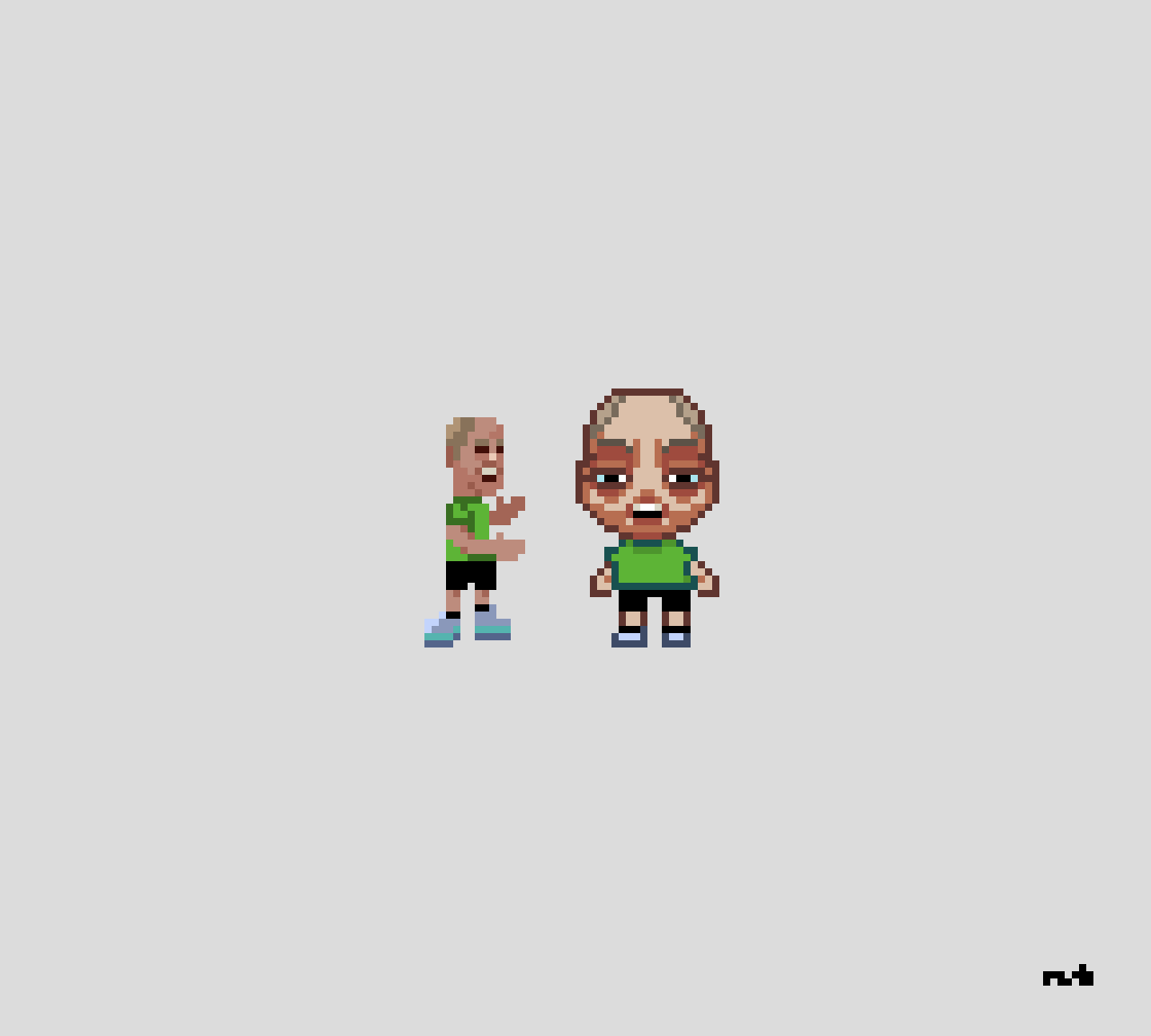 pixel art with a bolding man in sportswear drawn in two different styles