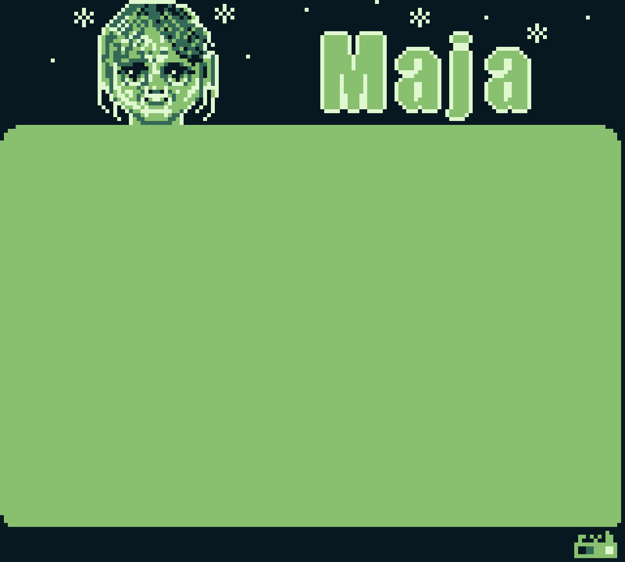 pixel art Game Boy screen with a frame, containing a portrait of a girl, her name and some stars