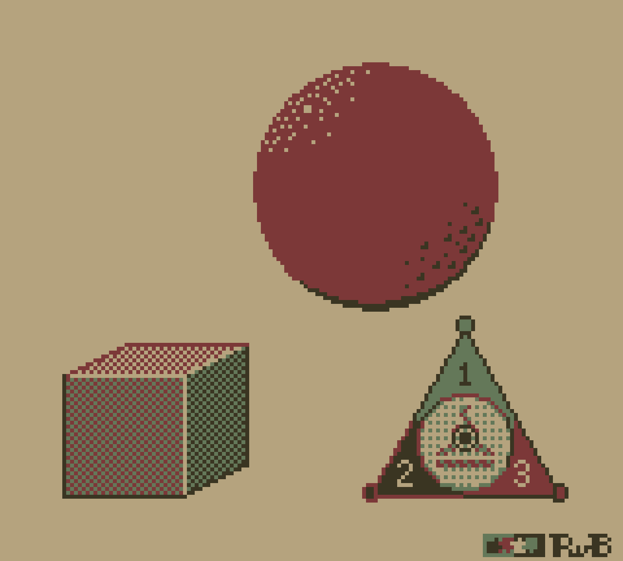 pixel art with a block, sphere and some kind of triangle