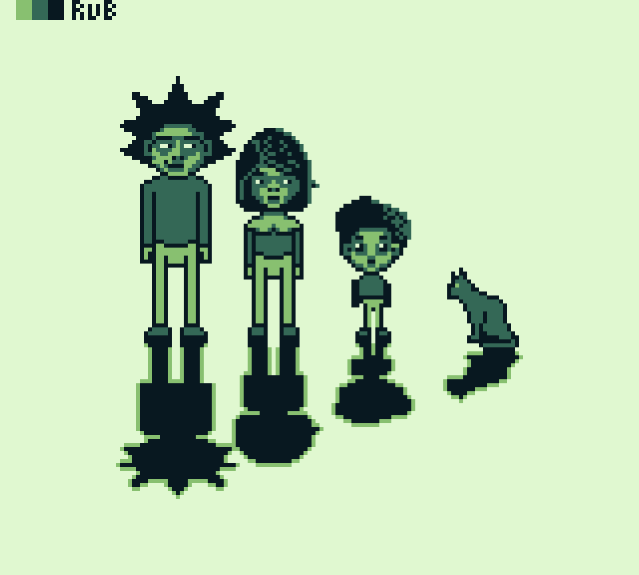 pixel art in green shades, with a man, woman, child and cat