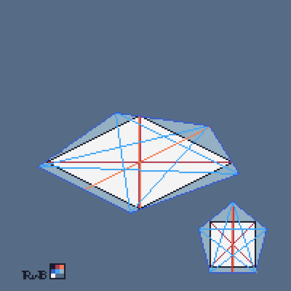 pixel art (200 by 200, 8 colors) of a square and a equal-sided pentagon in top view and in sheared (pixel art) isometric perspective