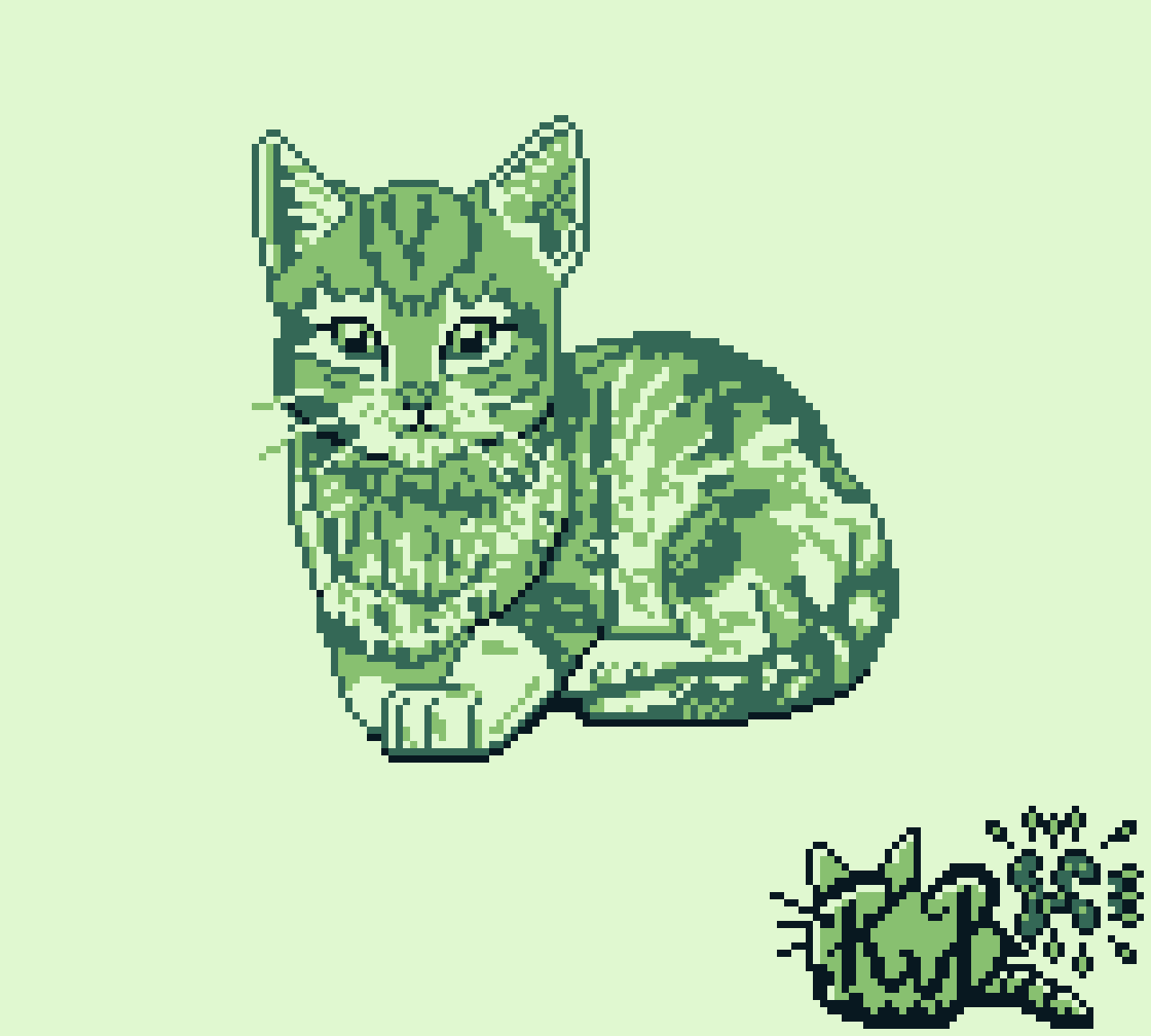 Game Boy pixel art of a kitten laying on its side