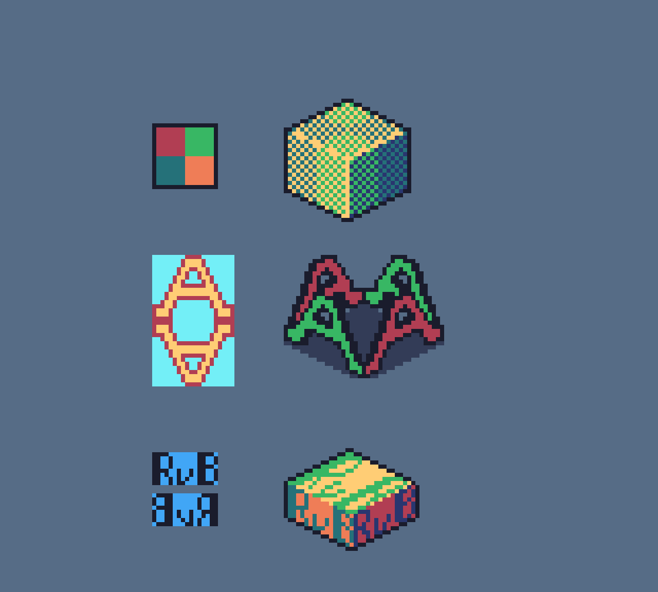 pixel art, several flat shapes and their rendering as objects with volume in isometric perspective