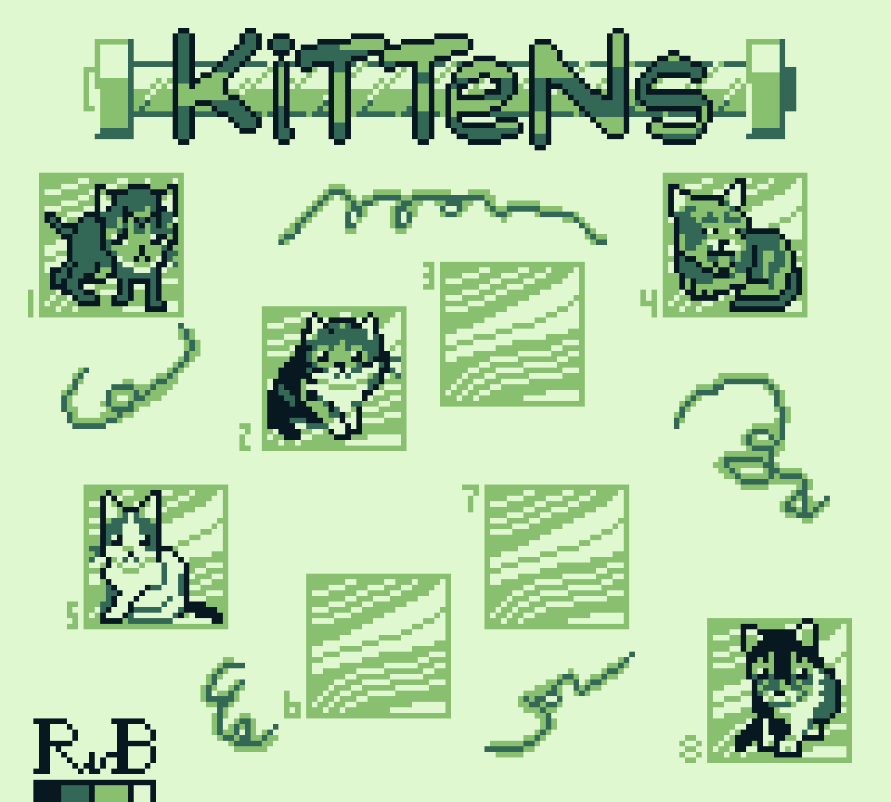 pixel art of kitten sprites, each 24 by 24 pixels