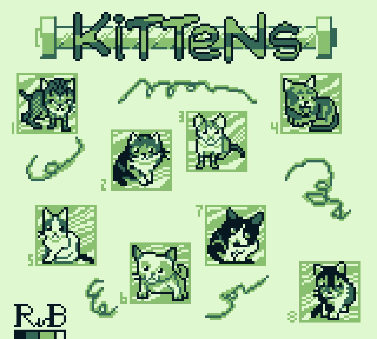 pixel art of 8 kittens as 24 by 24 pixels sprites