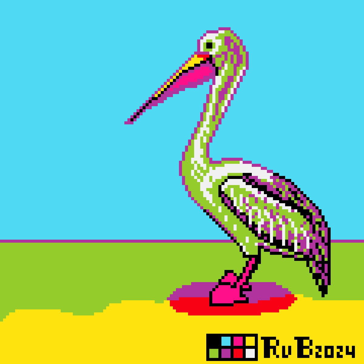 pixel art of a pelican standing on a beach