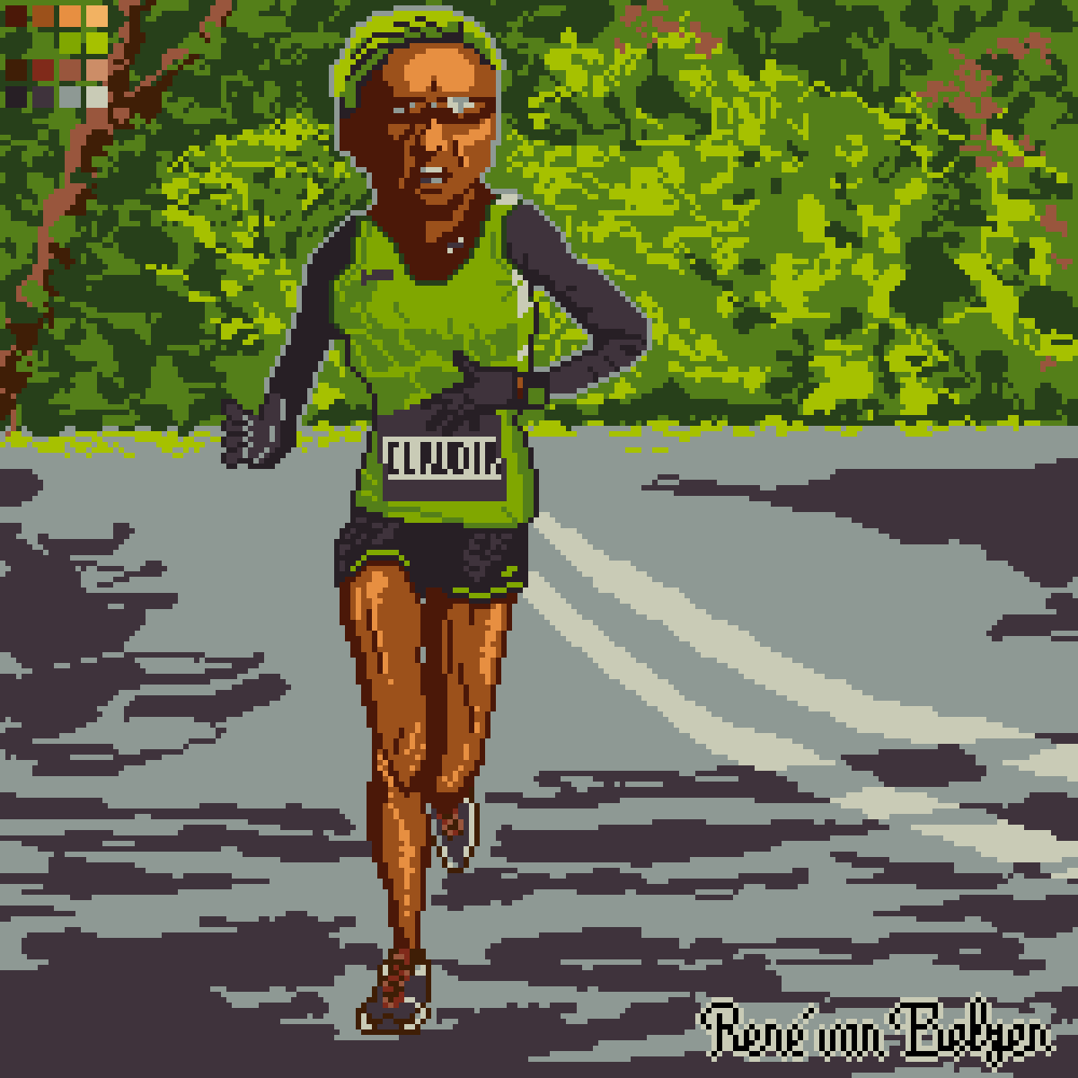 pixel art of road runner woman with race bib