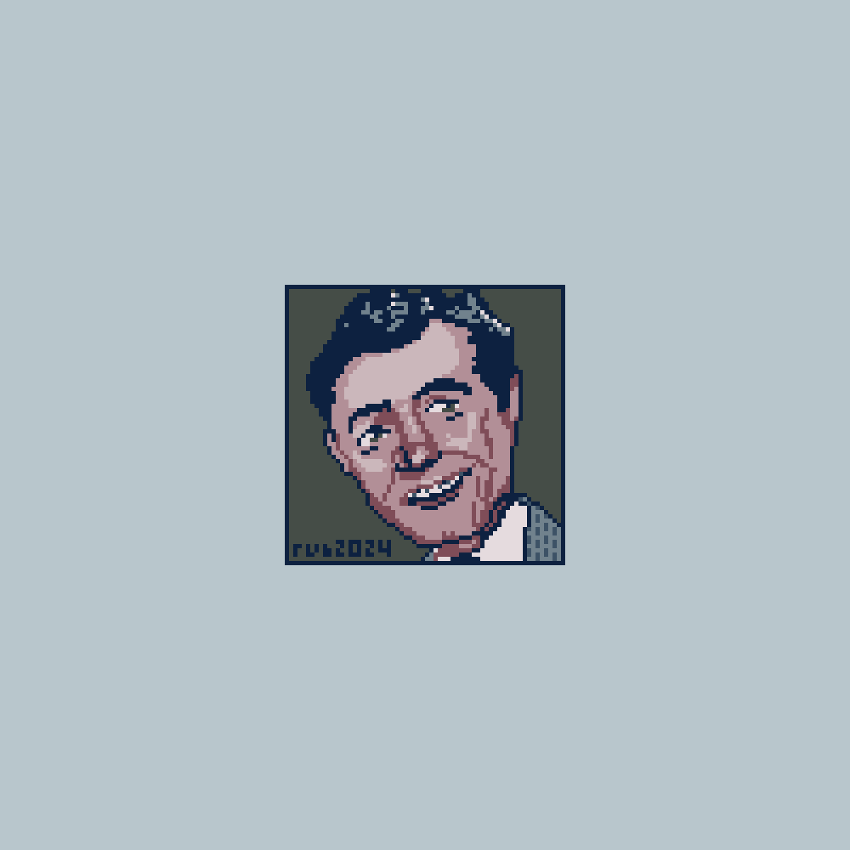 pixel art of a portrait of a laughing person