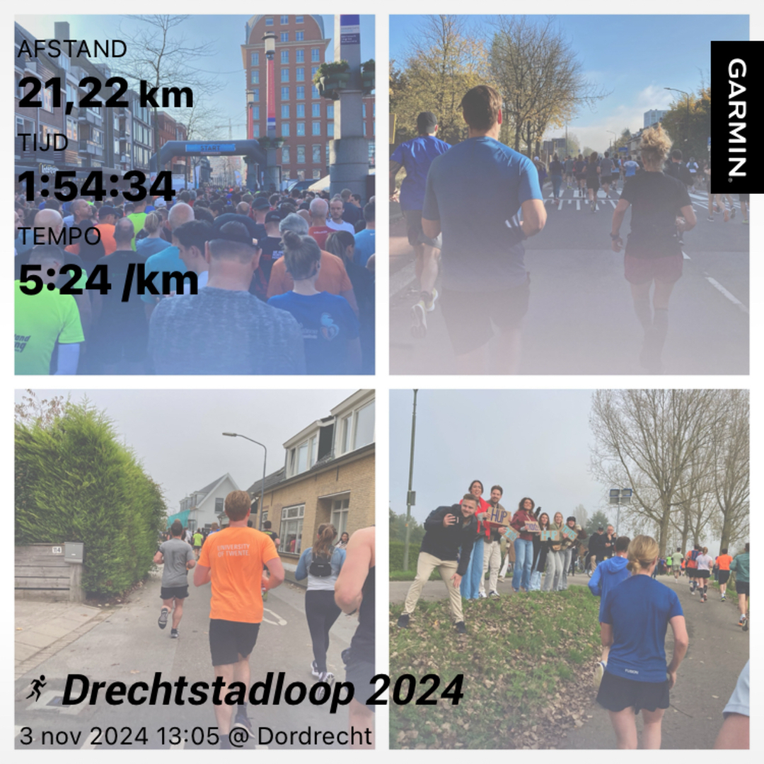 Runners participate in an outdoor event, with distance and pace details provided, titled Drechtstadloop 2024.