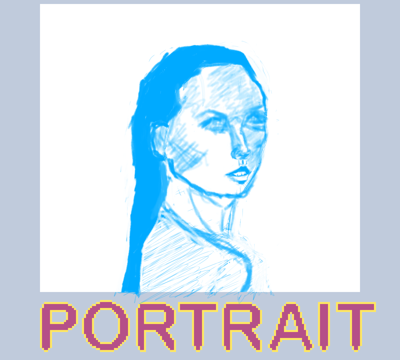 A blue sketch of a woman's portrait is accompanied by the word PORTRAIT in stylized text at the bottom.