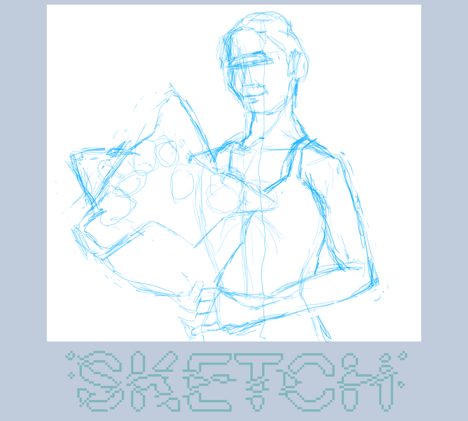 A rough sketch depicts a person holding a large, star-shaped object with the word SKETCH written below.