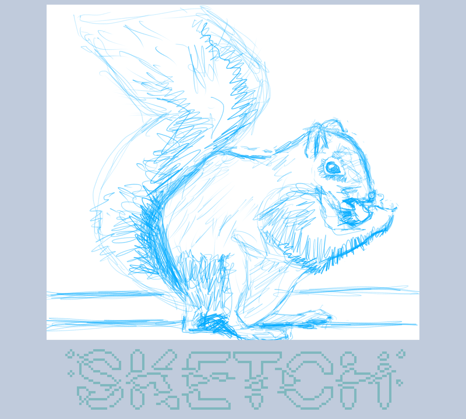 A blue sketch of a squirrel holding an object, with the word SKETCH written below.