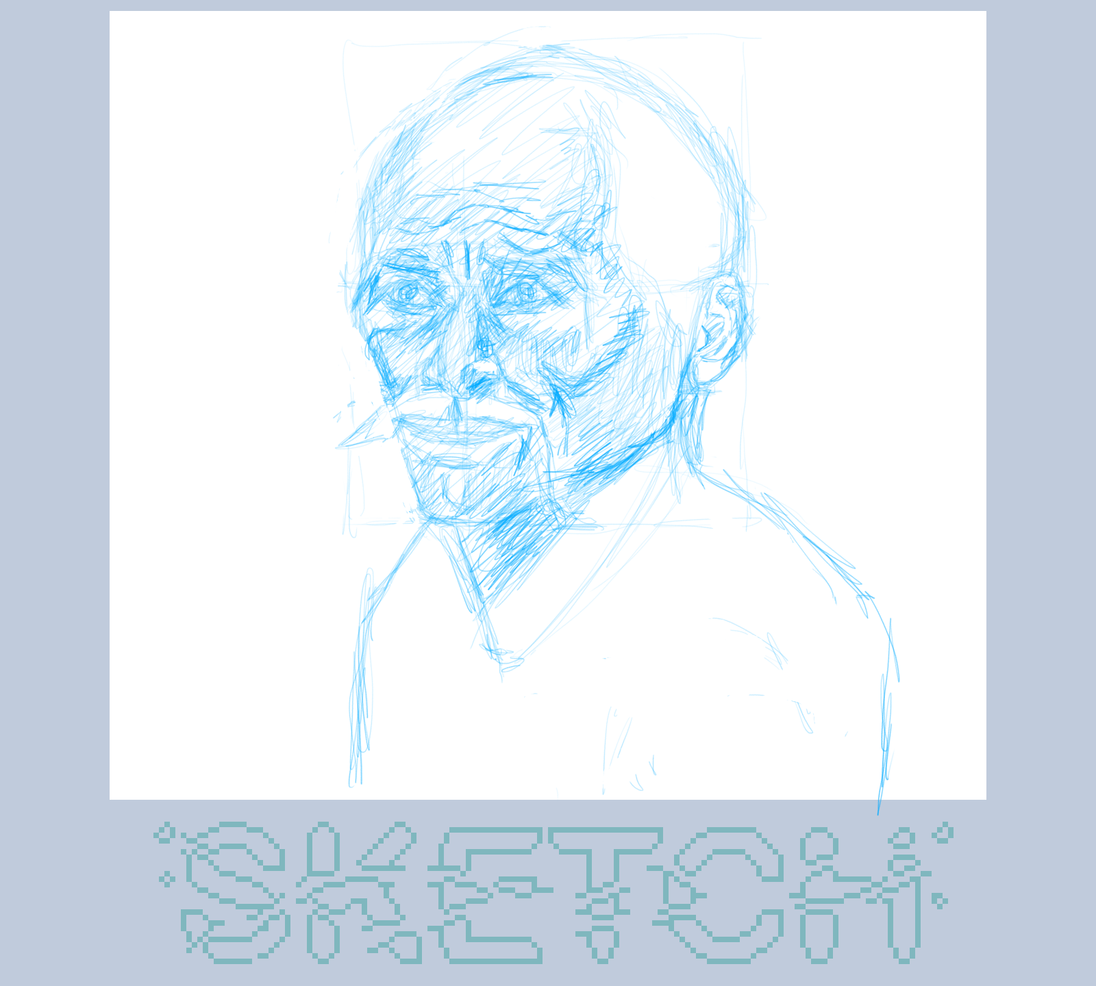 A blue sketch depicts an elderly person with visible facial features and the word SKETCH below.