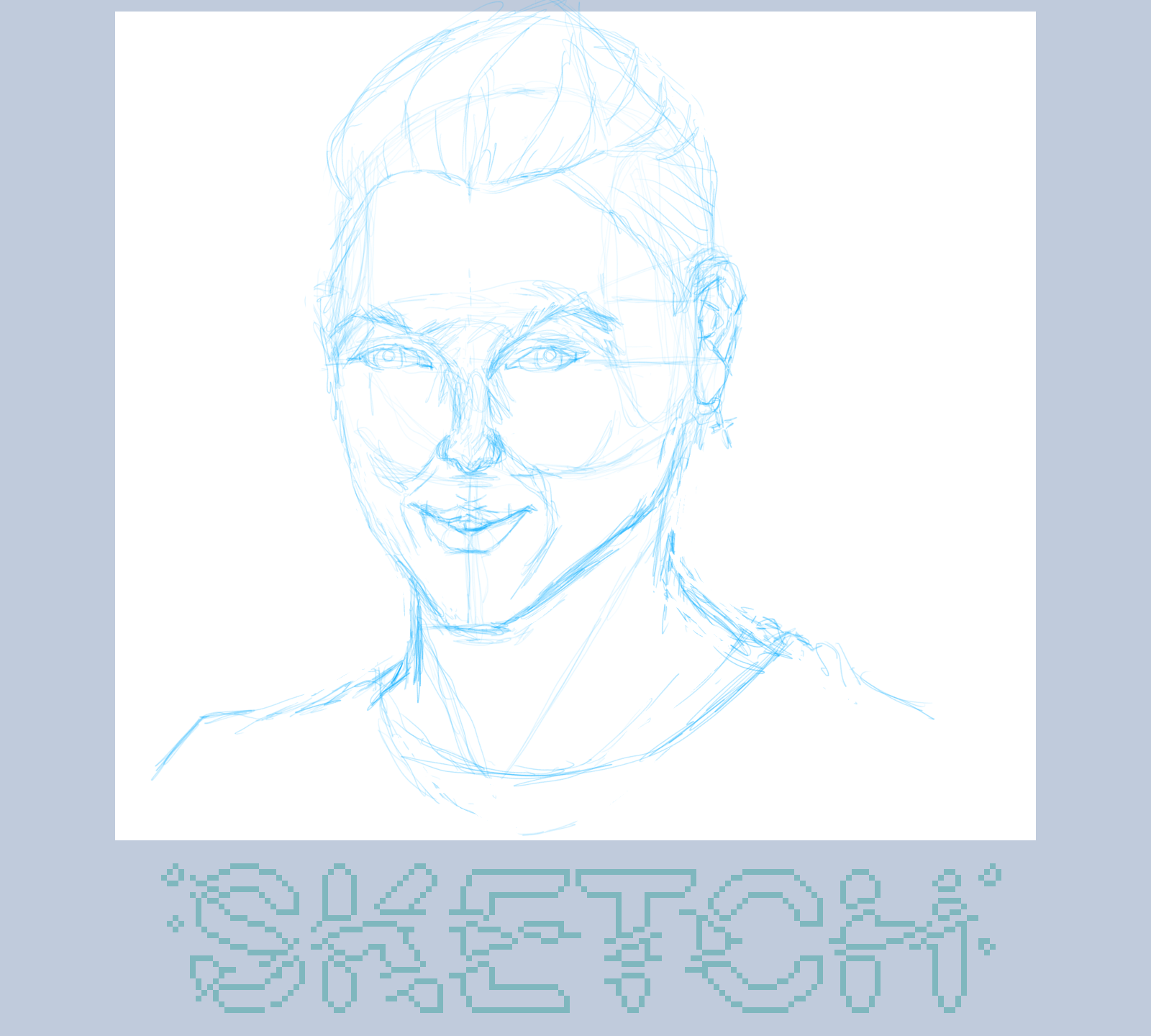 A blue sketch of a person with short hair appears above the word SKETCH in stylized text.