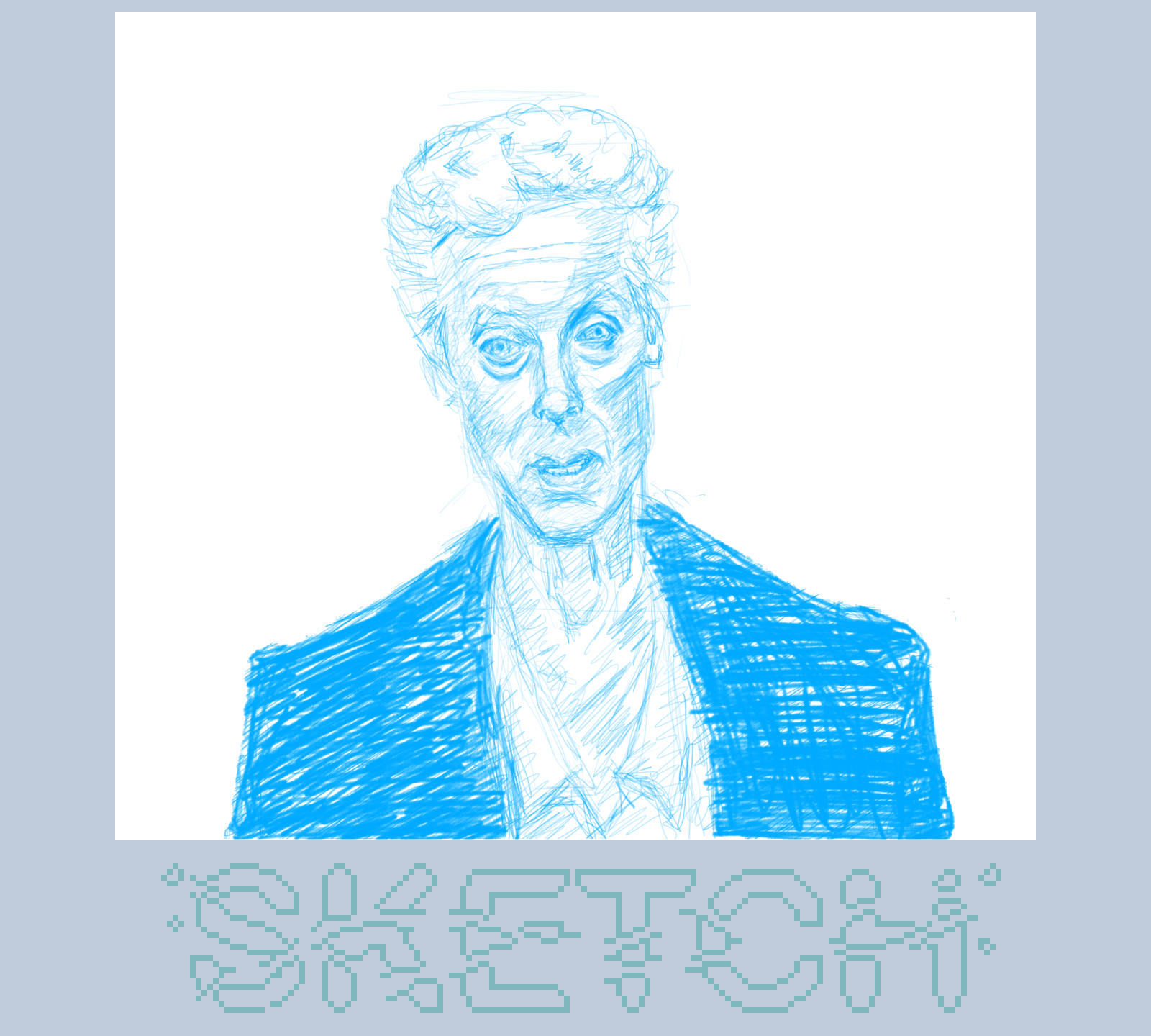 A blue sketch depicts a person with short hair and a suit, accompanied by the word SKETCH at the bottom.