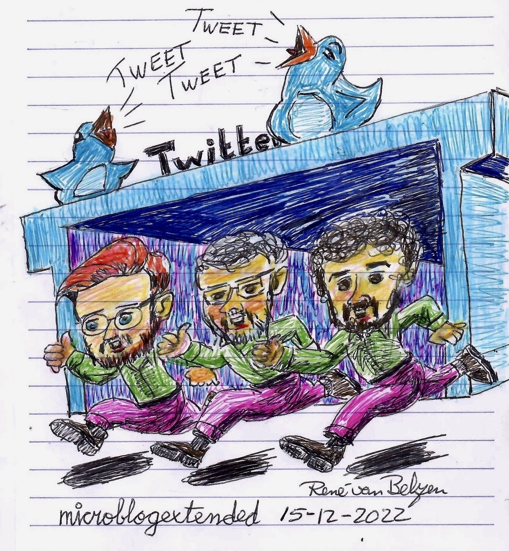 Three cartoon characters with beards and glasses are humorously running out of a building shaped like the Twitter logo, with birds tweeting above.