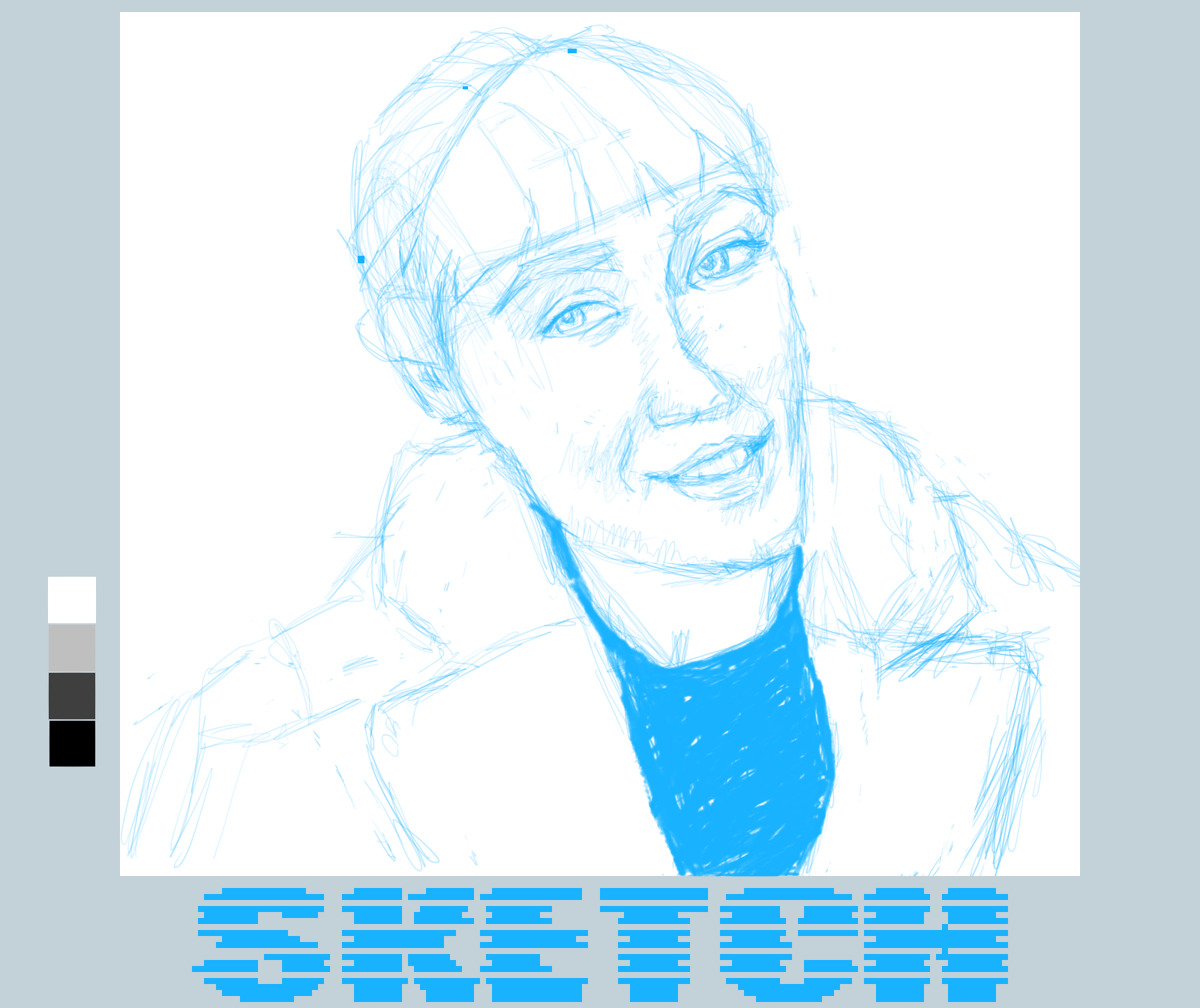 A digital sketch shows a person with a short hairstyle wearing a jacket, with the word SKETCH at the bottom.