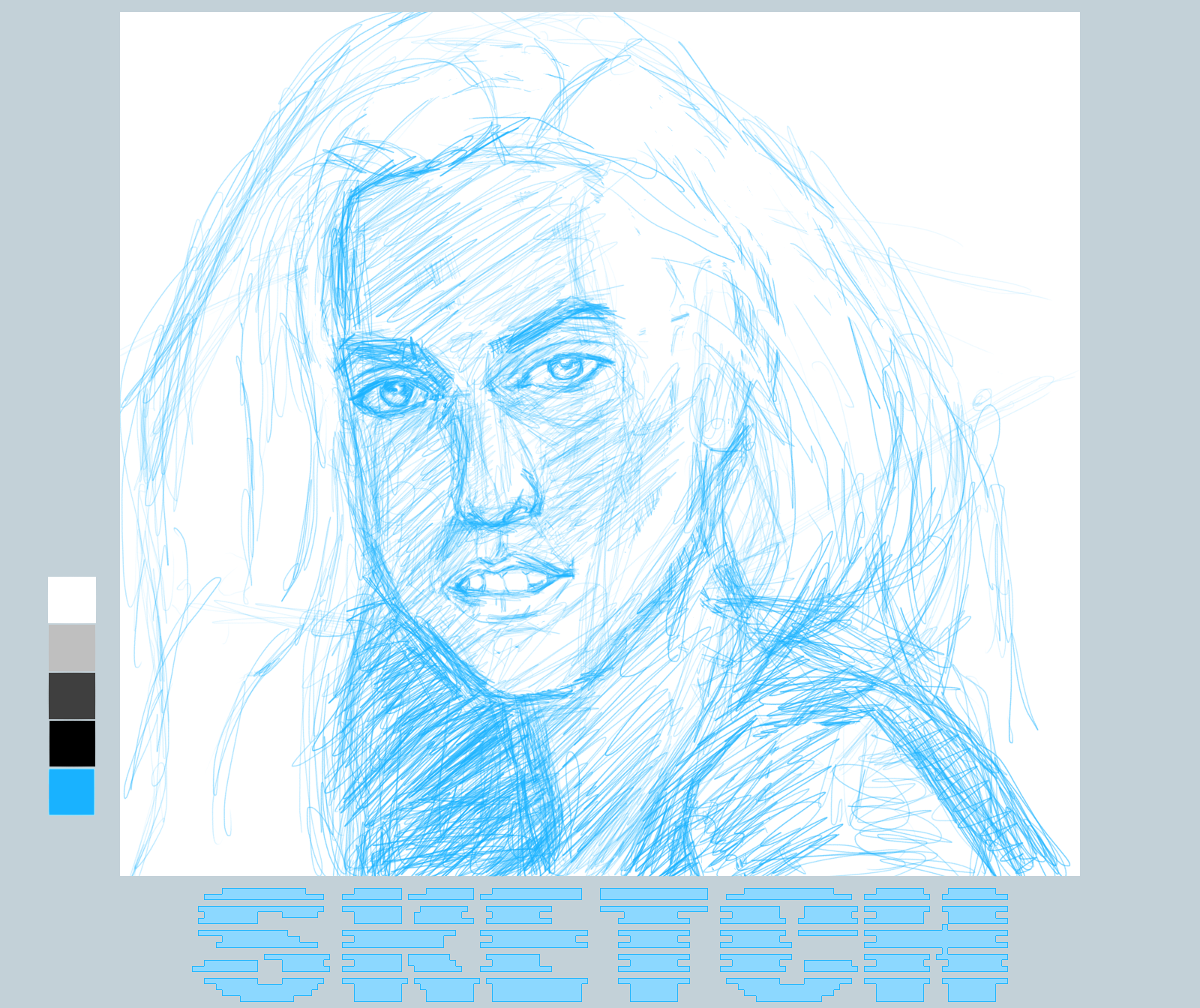 A blue pencil sketch of a woman with long hair and the word SKETCH written below in block letters.