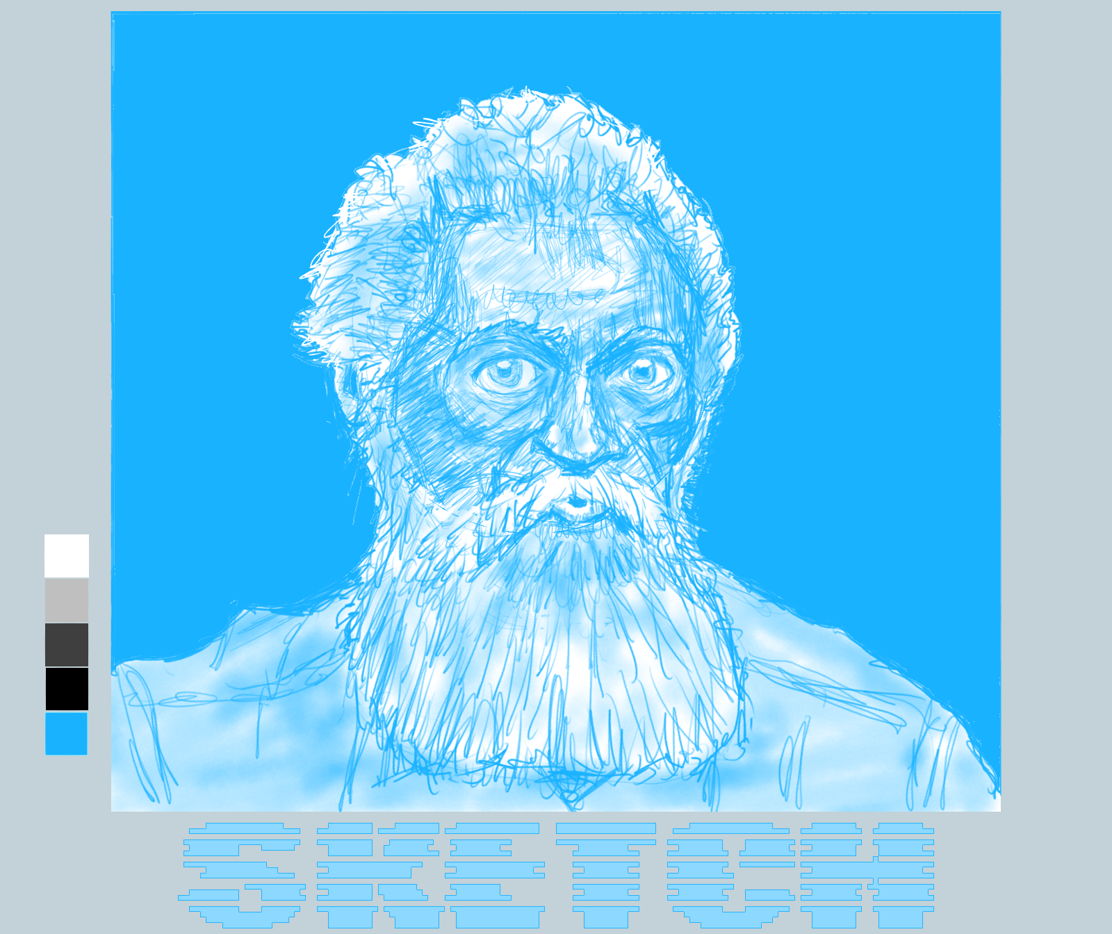 A monochromatic blue sketch depicts a bearded man with a serious expression, accompanied by the text SKETCH at the bottom.