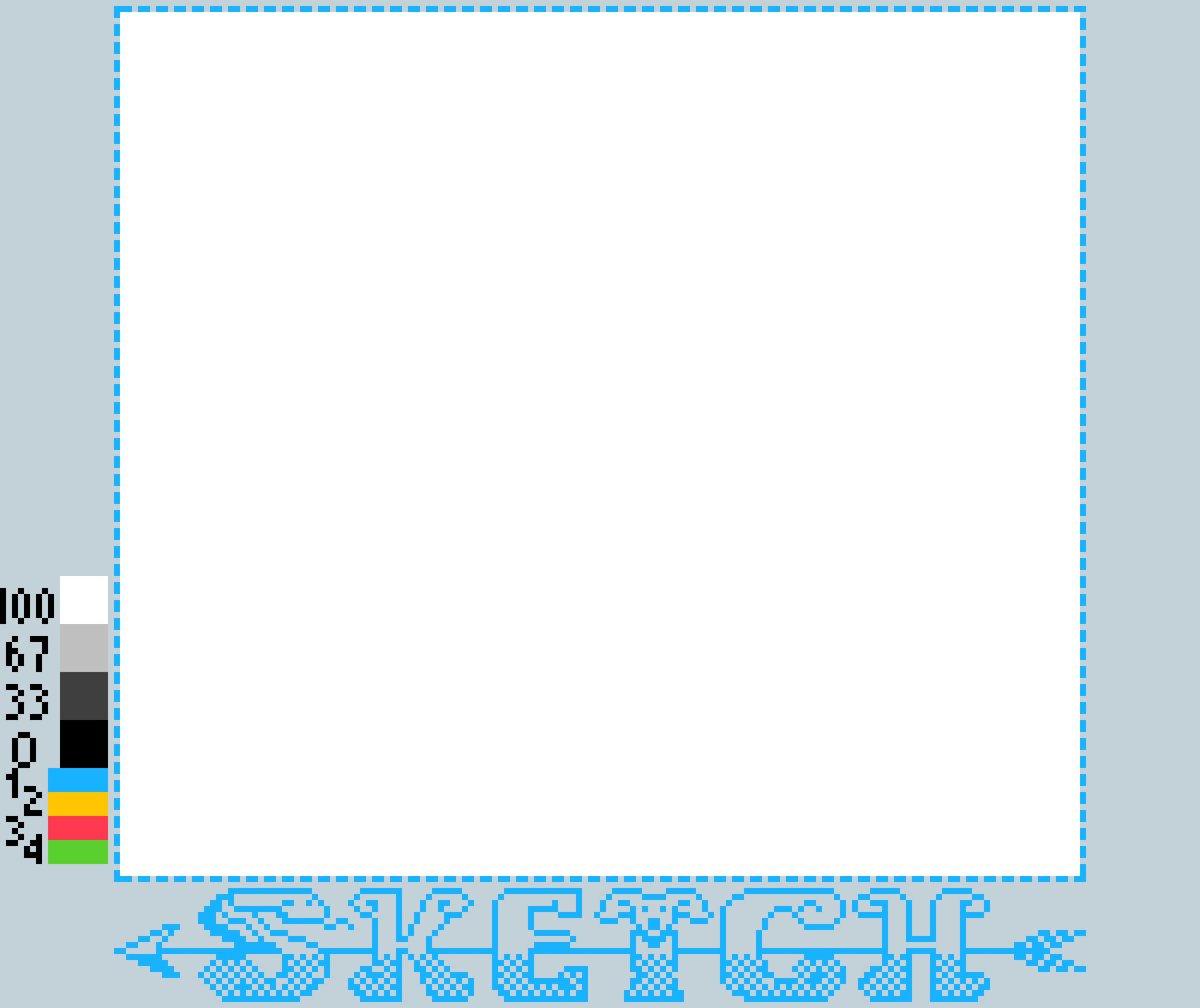 A digital art canvas labeled SKETCH is bordered by a color palette and tools on a light blue background.