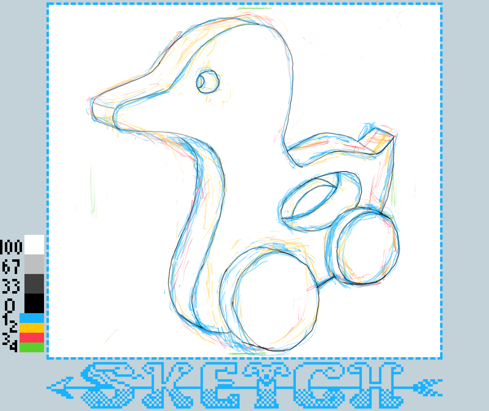 A colorful, digital sketch depicts a duck-shaped object with wheels, resembling a toy.