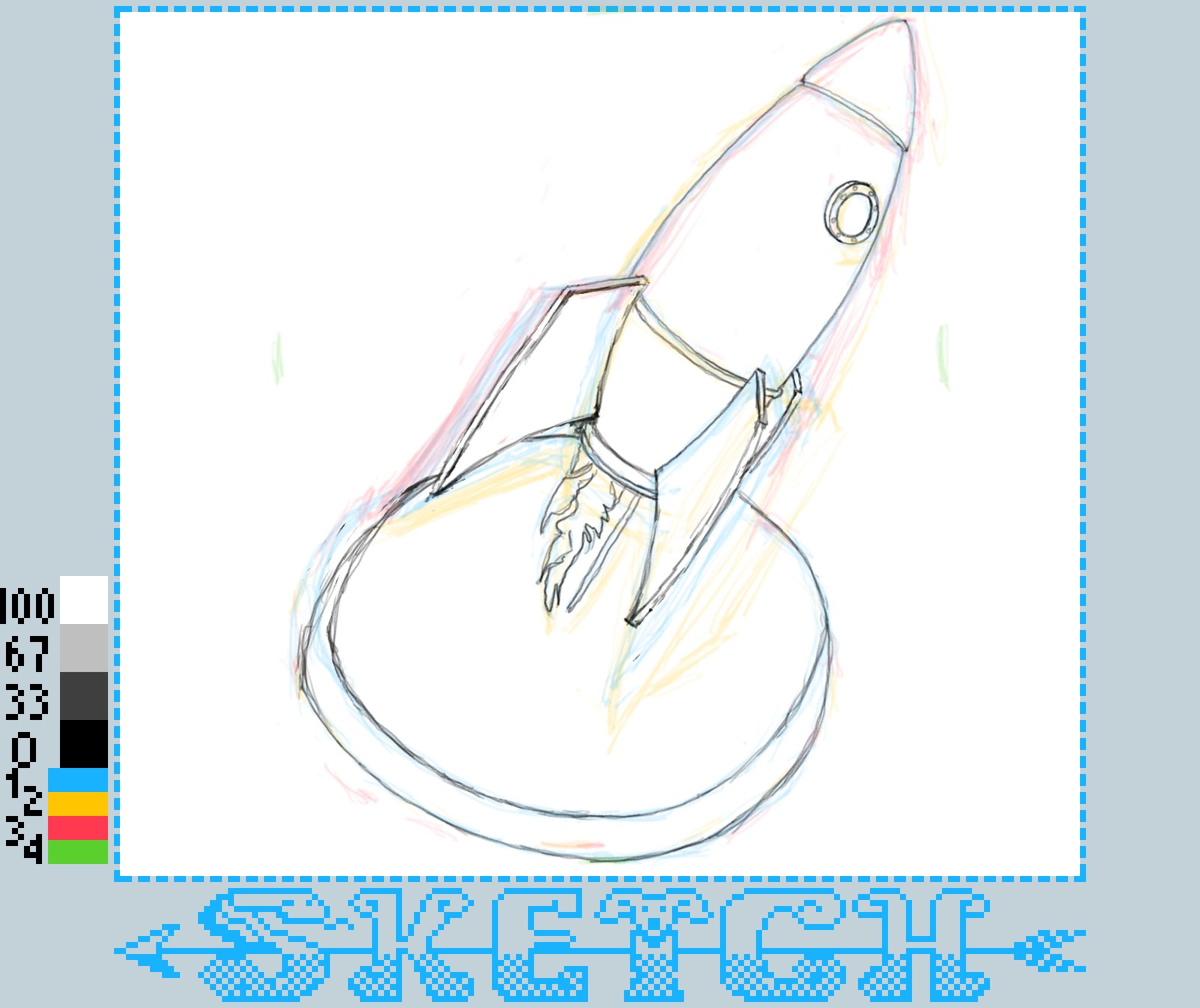 A sketch of a rocket launching from a platform with colorful outlines and the word SKETCH at the bottom.