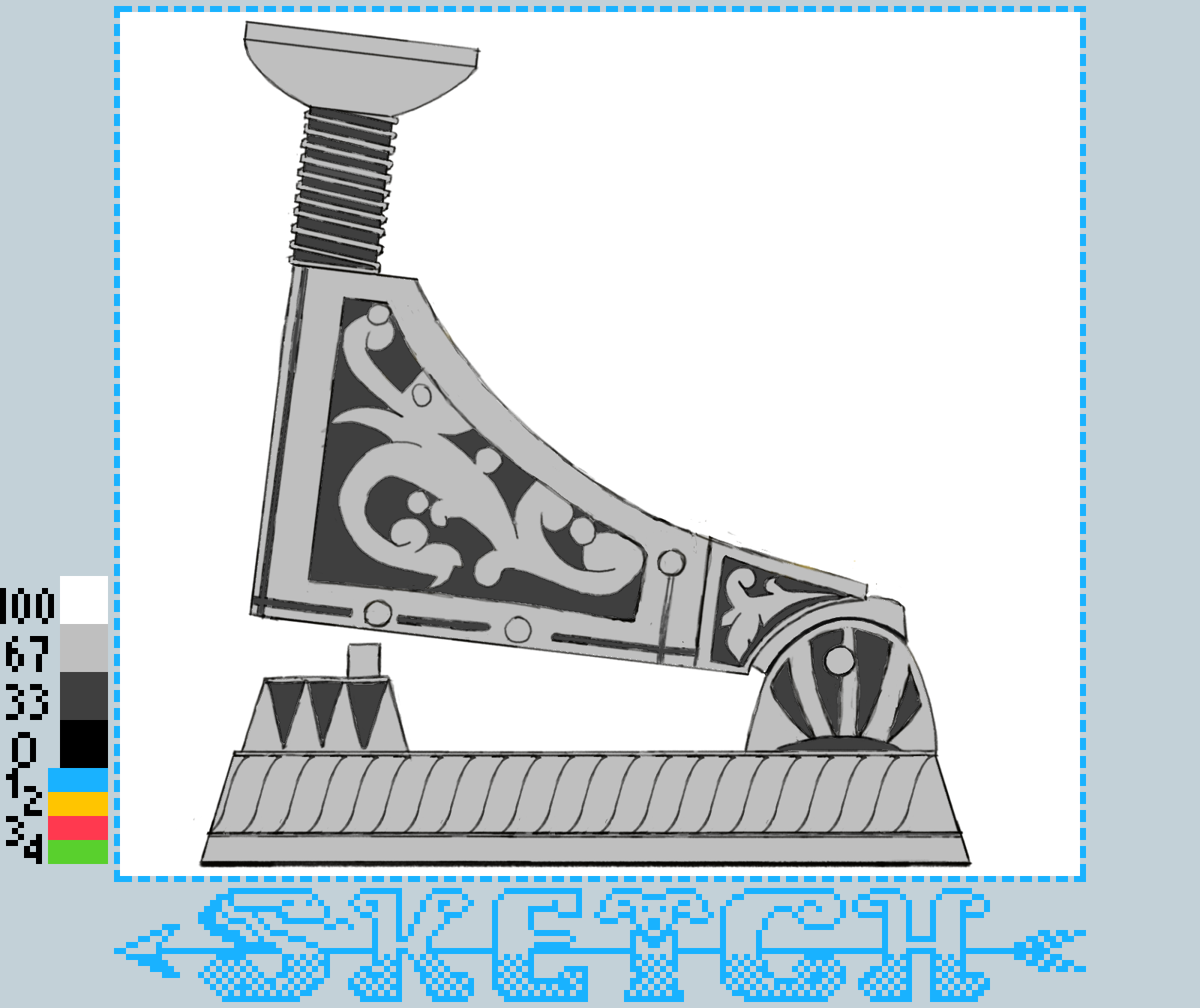 A black and white sketch of a mechanical or robotic leg with decorative designs on a blue background, labeled SKETCH at the bottom.