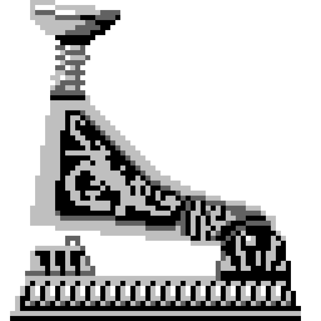 A pixelated image of a stylized, ornate mechanical object in grayscale.