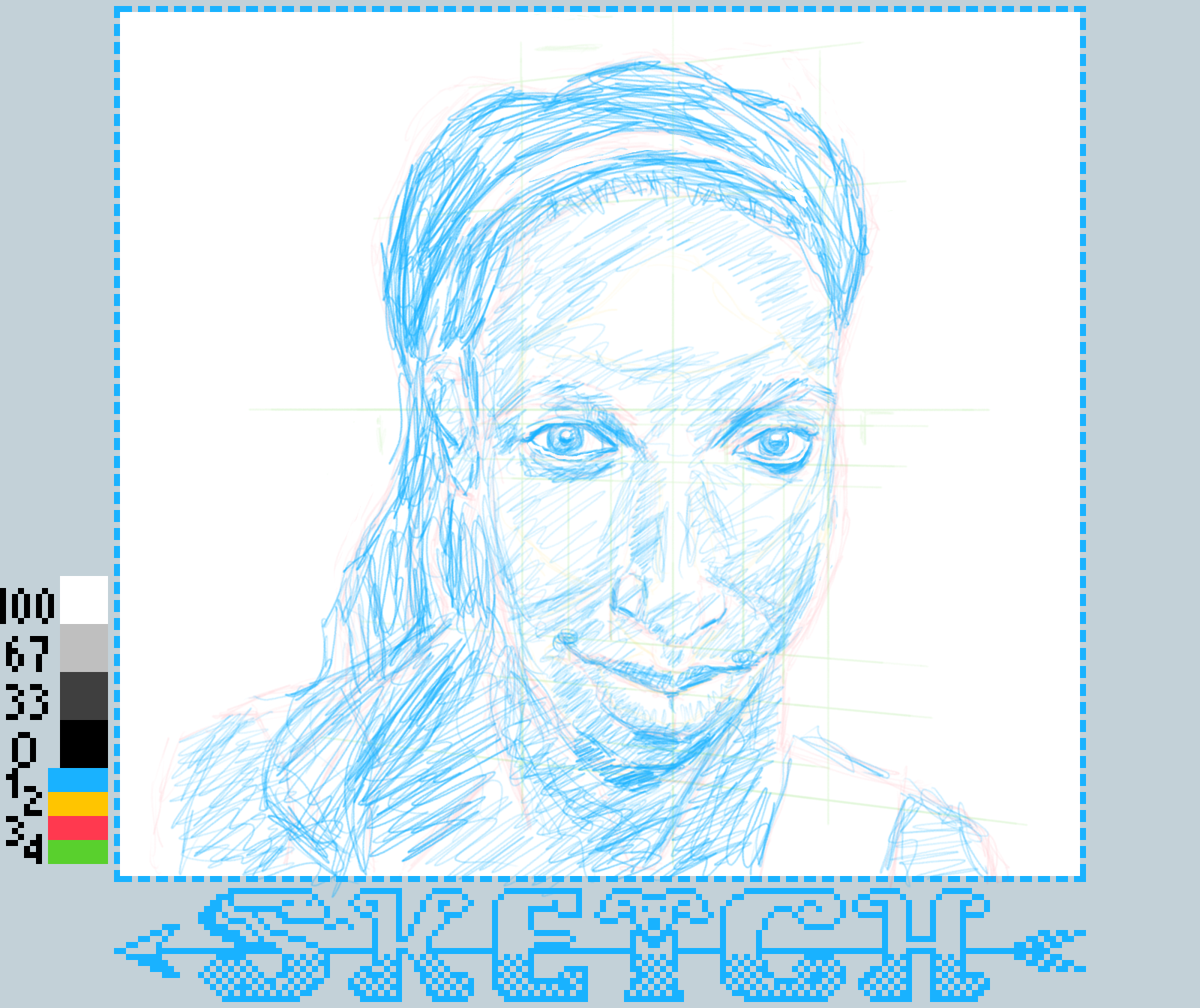 A sketched portrait of a person is depicted with blue lines on a white background, featuring the word SKETCH at the bottom.