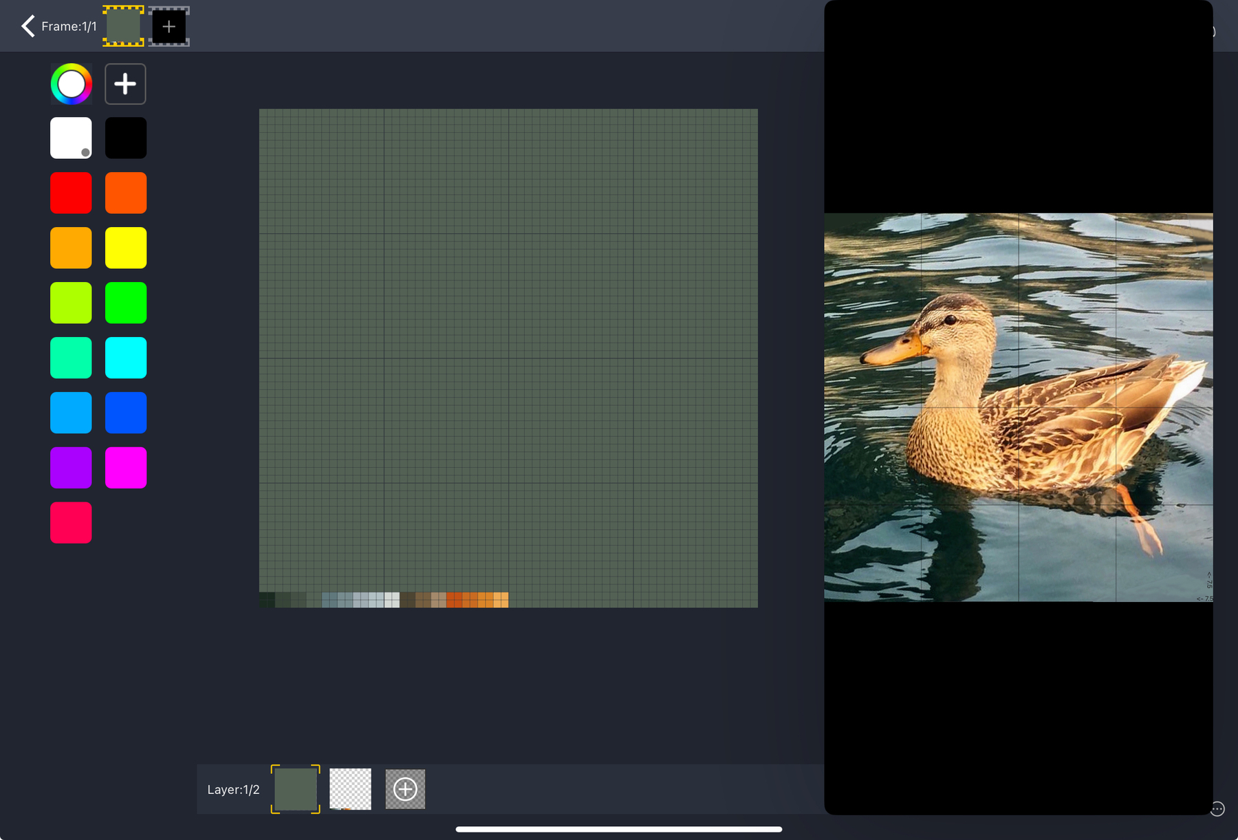 A digital art application interface features a pixelated color grid on the left and a photograph of a duck swimming in water on the right.