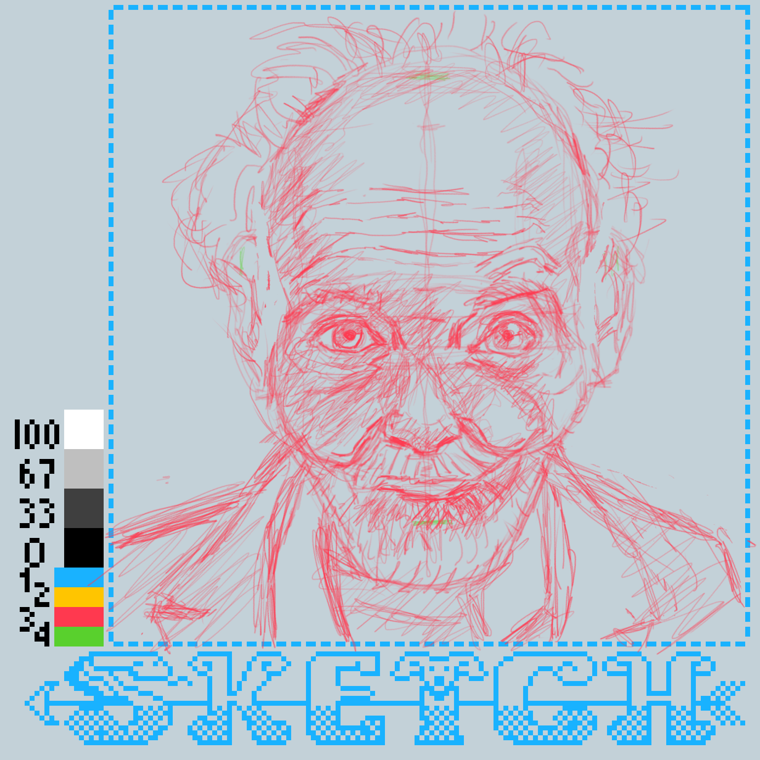 A digital sketch of an elderly man with a detailed facial expression is surrounded by pixelated text and color swatches.