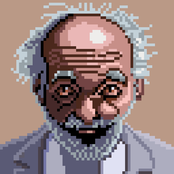 A pixel art depiction of an elderly man with distinctive white hair and a mustache wearing a suit.