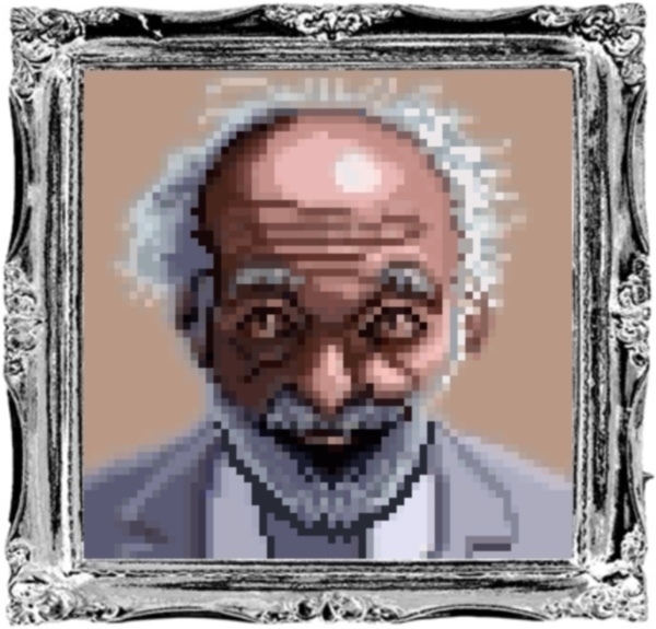 A pixel art depiction of an older man with wild hair and a beard is framed in a decorative silver frame.