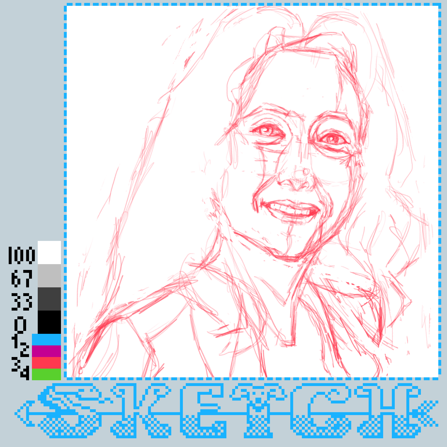 A digital sketch features a woman's face with long hair, accompanied by a color palette and the word SKETCH at the bottom.