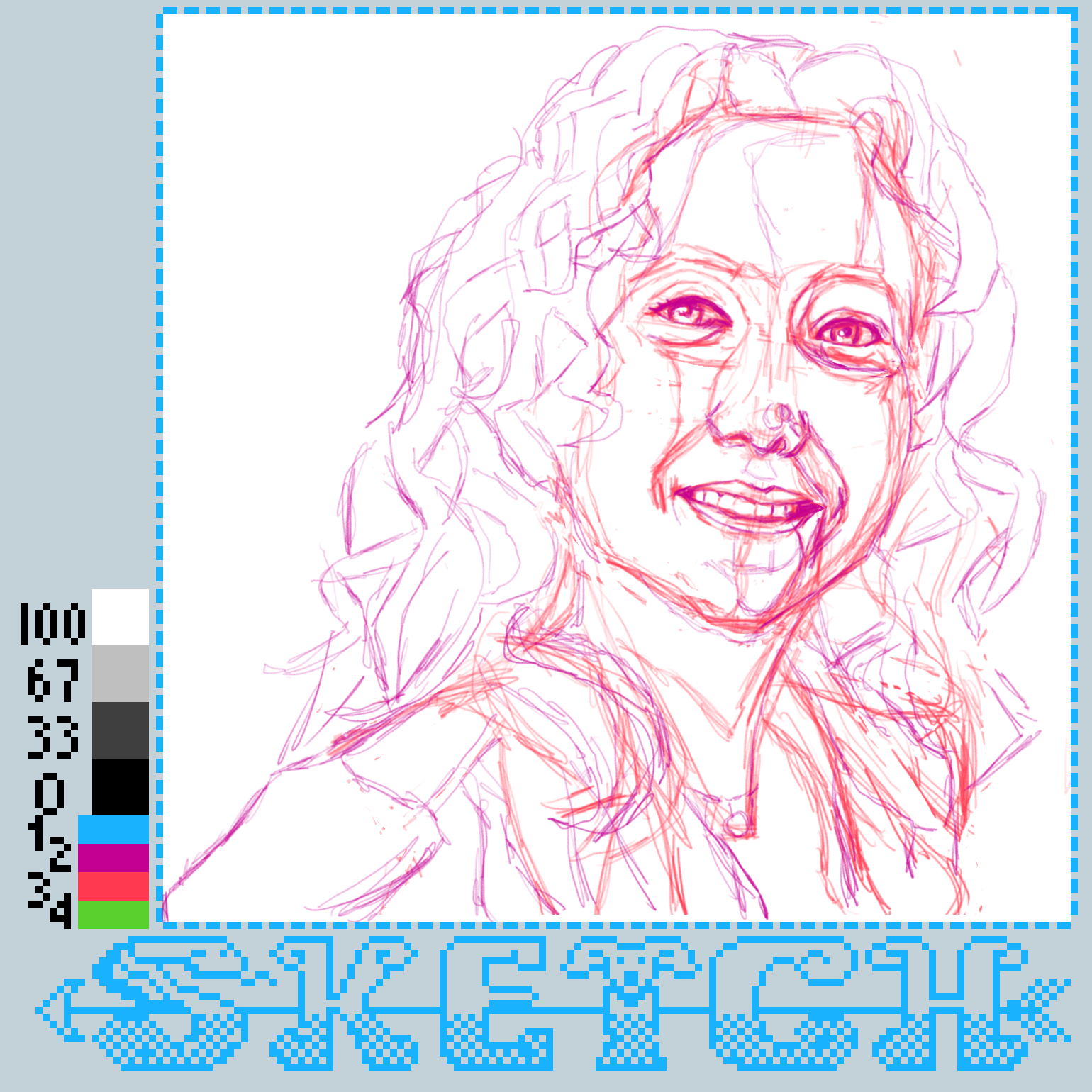 A digital sketch shows a woman's face with a color palette and the word SKETCH written in pixelated letters at the bottom.