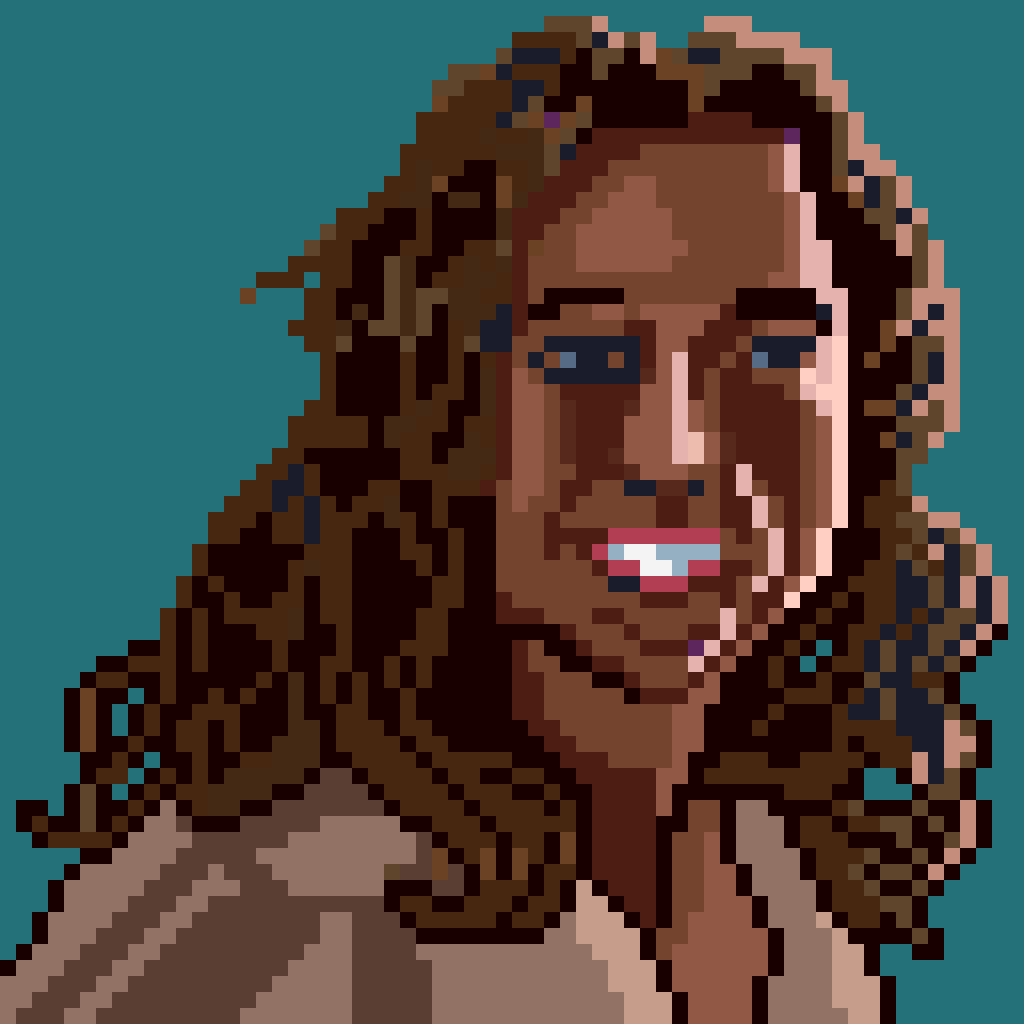 A pixel art portrait of a person with long hair and a smile against a teal background.