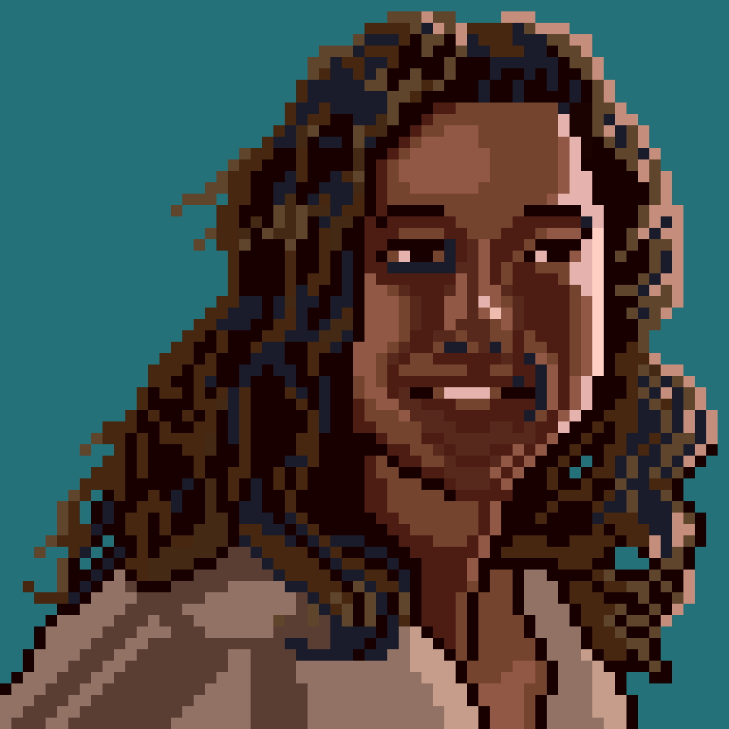 A pixel art portrait depicts a person with long, wavy hair smiling against a teal background.