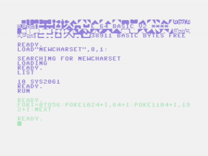 Screenshot of VICE C64 showing a Basic instruction using POKE commands to display the modified screen codes