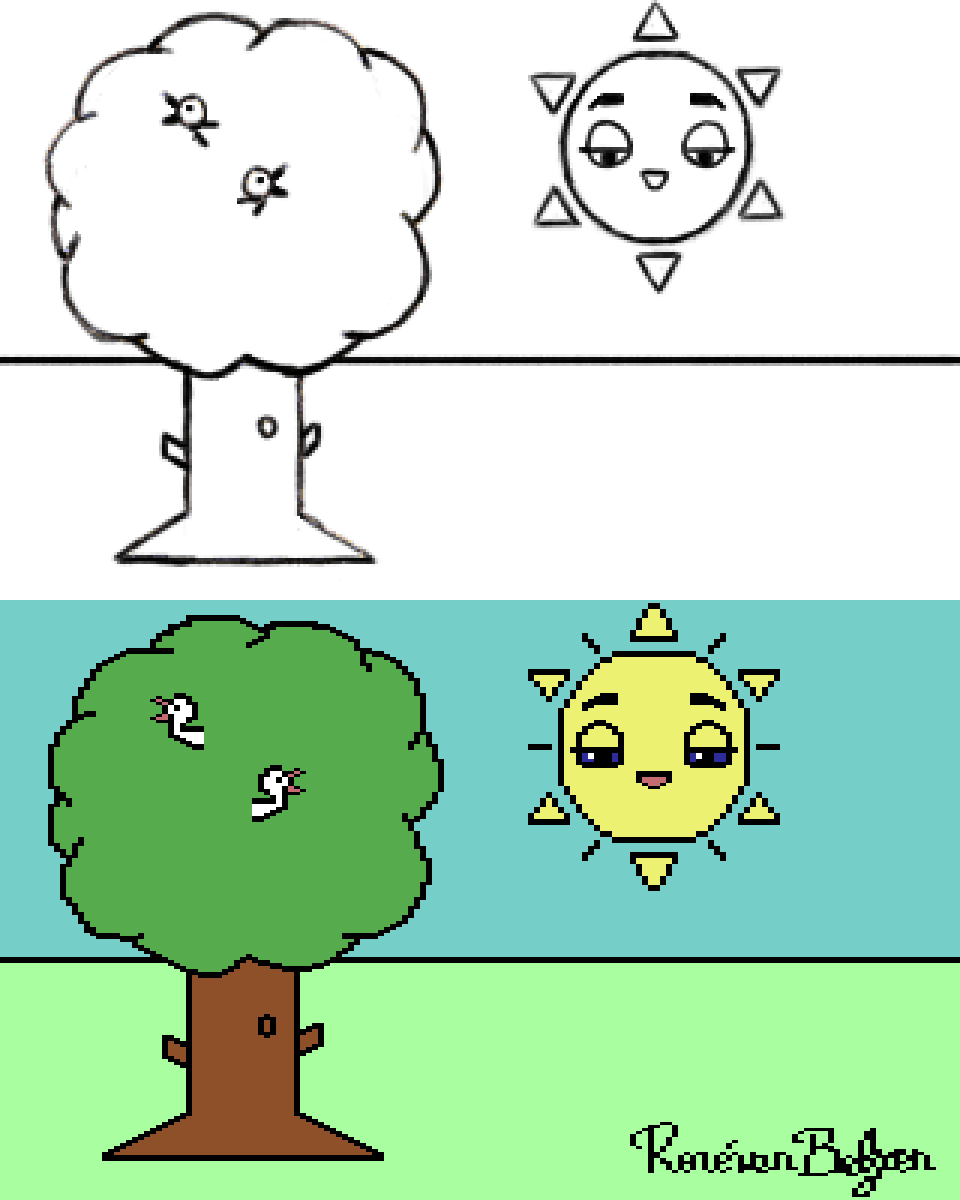 concept and C64 multicolor drawings of a sunny day in nature