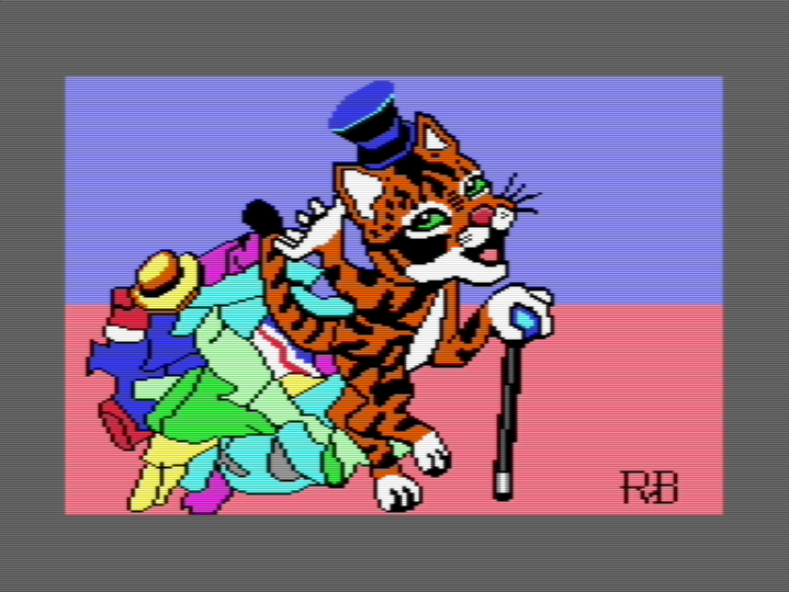 Commodore 64 multi-color bitmap painting of an antromorphized cat behind a pile of clothes