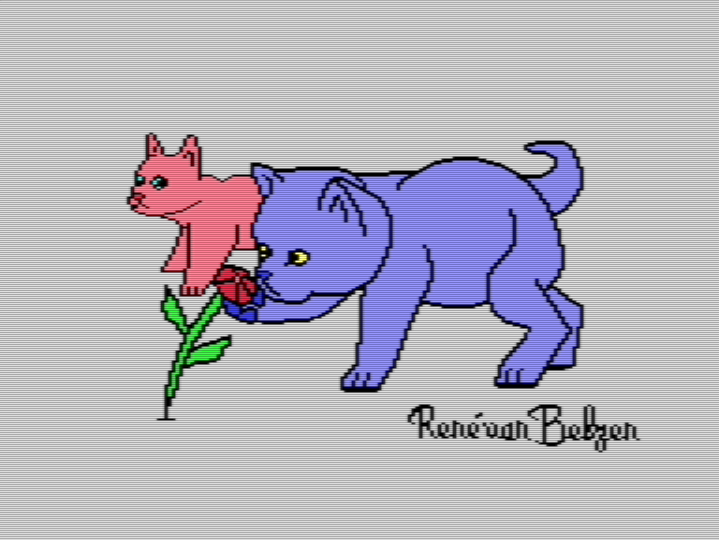 Commodore 64 multipaint illustration of two kittens, one sniffing a flower