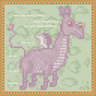 A pixel art depiction of a purple dragon with red eyes and small wings stands on a green and orange checkered background.
