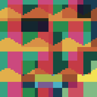 A colorful abstract composition consists of various overlapping geometric shapes and patterns in a vibrant palette.