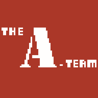 Large, pixelated white text on a red background spells THE A-TEAM.