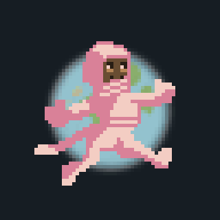 A pixel art ninja dressed in pink is mid-leap against a dark background.