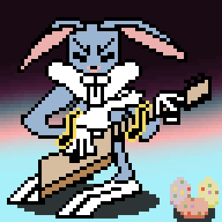 A pixel art rabbit dressed in a suit passionately plays a guitar against a gradient background, with small flowers at their feet.