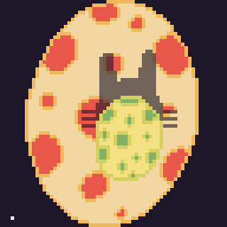 A pixel art depiction of an egg with a green, spotted creature partially emerging from it.
