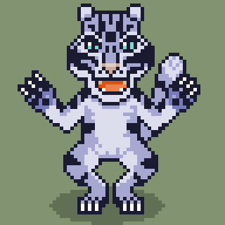 A pixel art depiction of an anthropomorphic tiger character with raised arms and an open mouth.